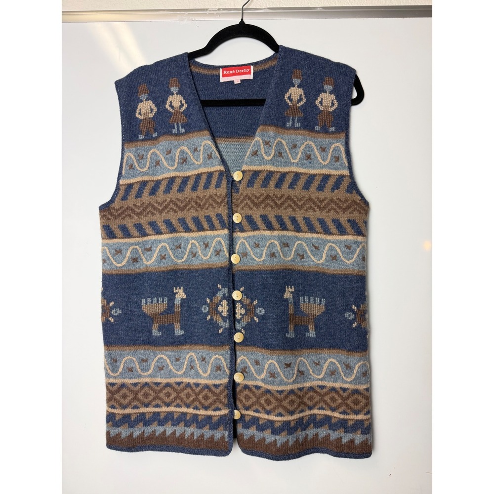 Rene Derhy Vintage Lambswool Knit Sweater Vest Blue Llama Novelty Mens Small
